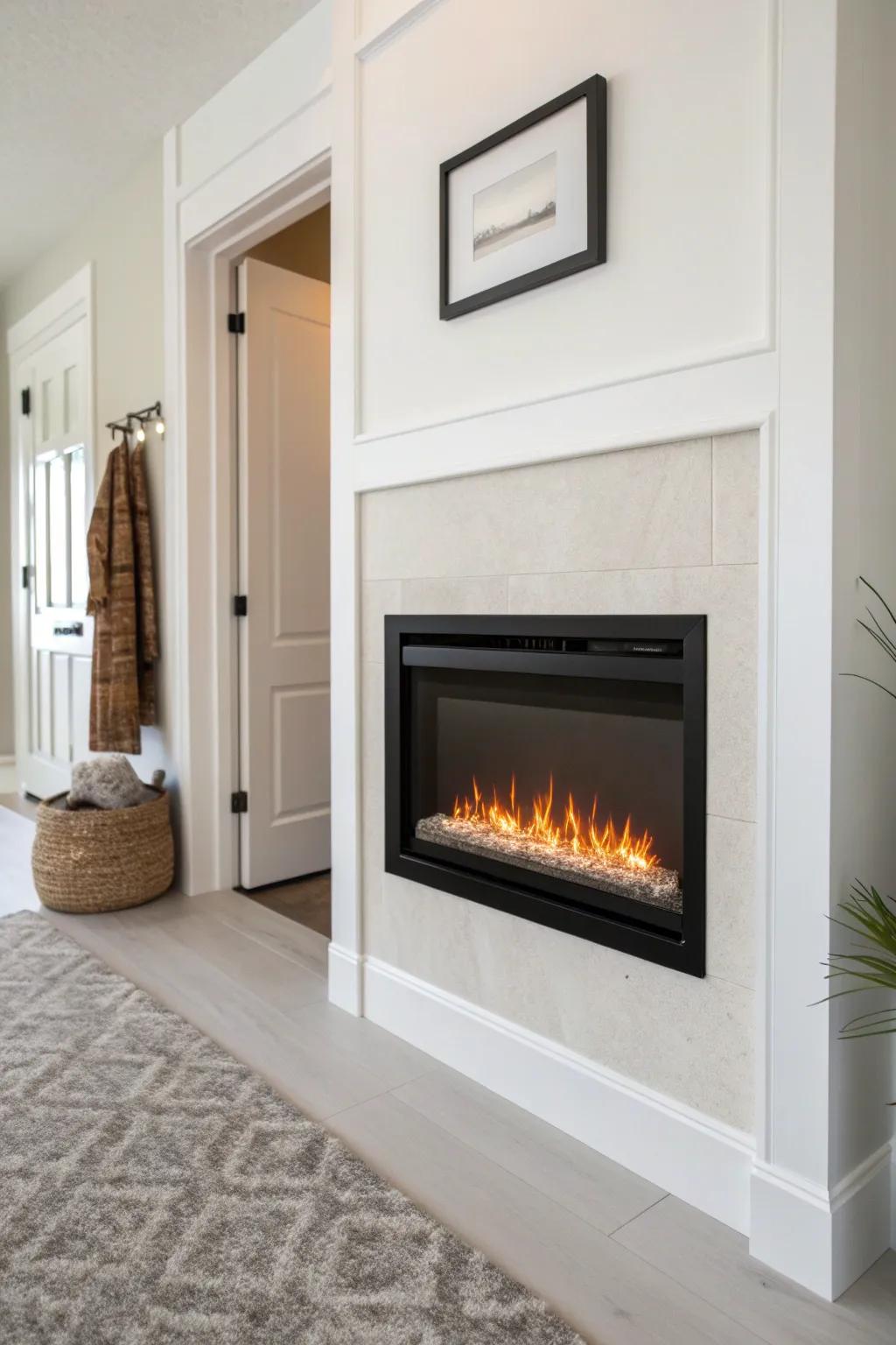 Closet wall, but make it cozy: a sleek mount fireplace turns dead space into glow.