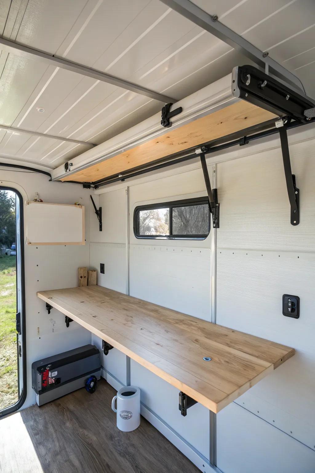 A ceiling drop-down workbench panel that locks in place—extra workspace that vanishes fast.
