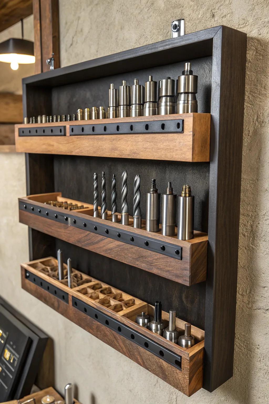 Elevate your workshop with elegant floating shelves designed for the discerning craftsman.