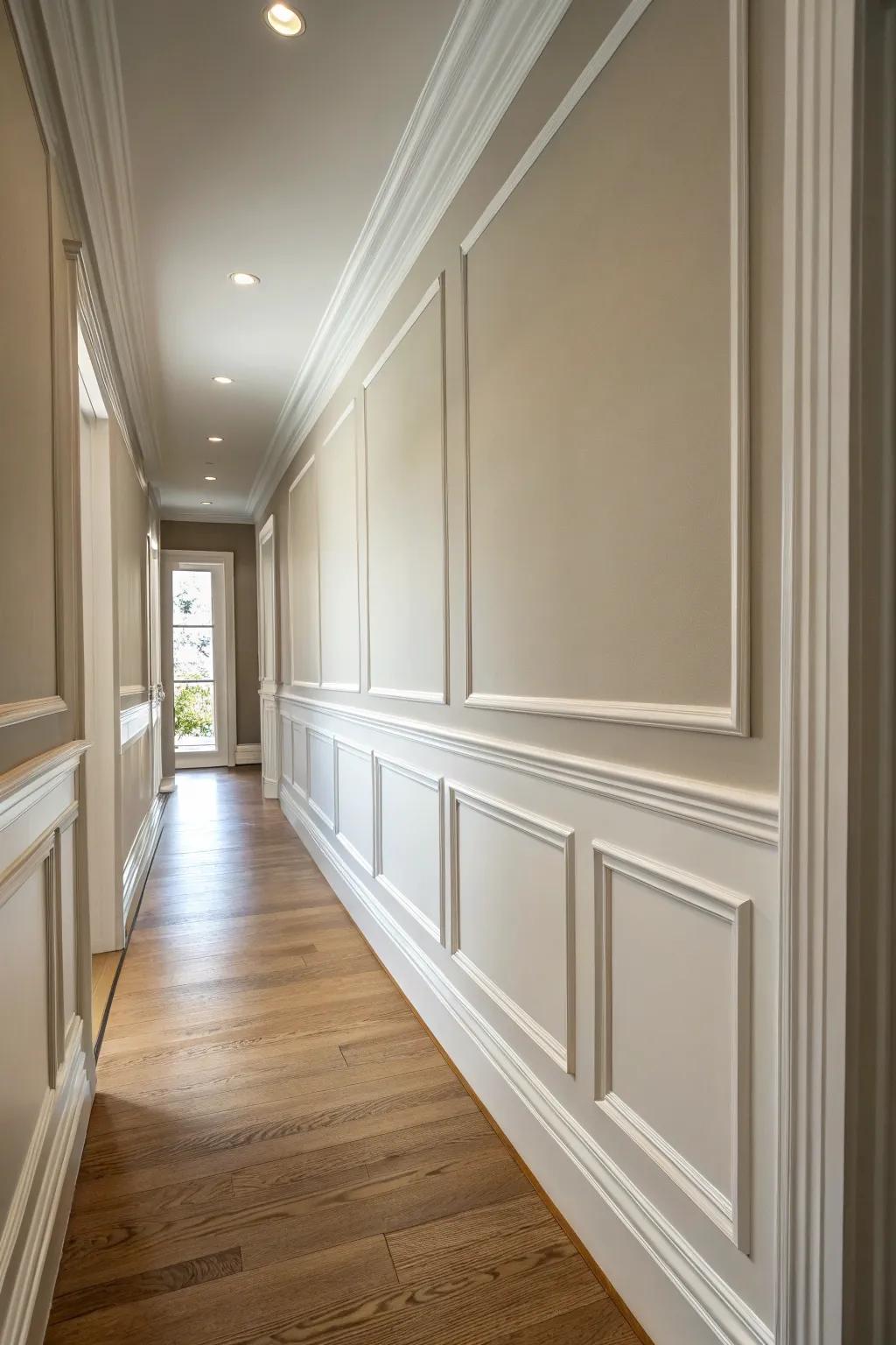 Rental-friendly faux paneling adds texture to an end hallway wall—custom look, zero space lost.