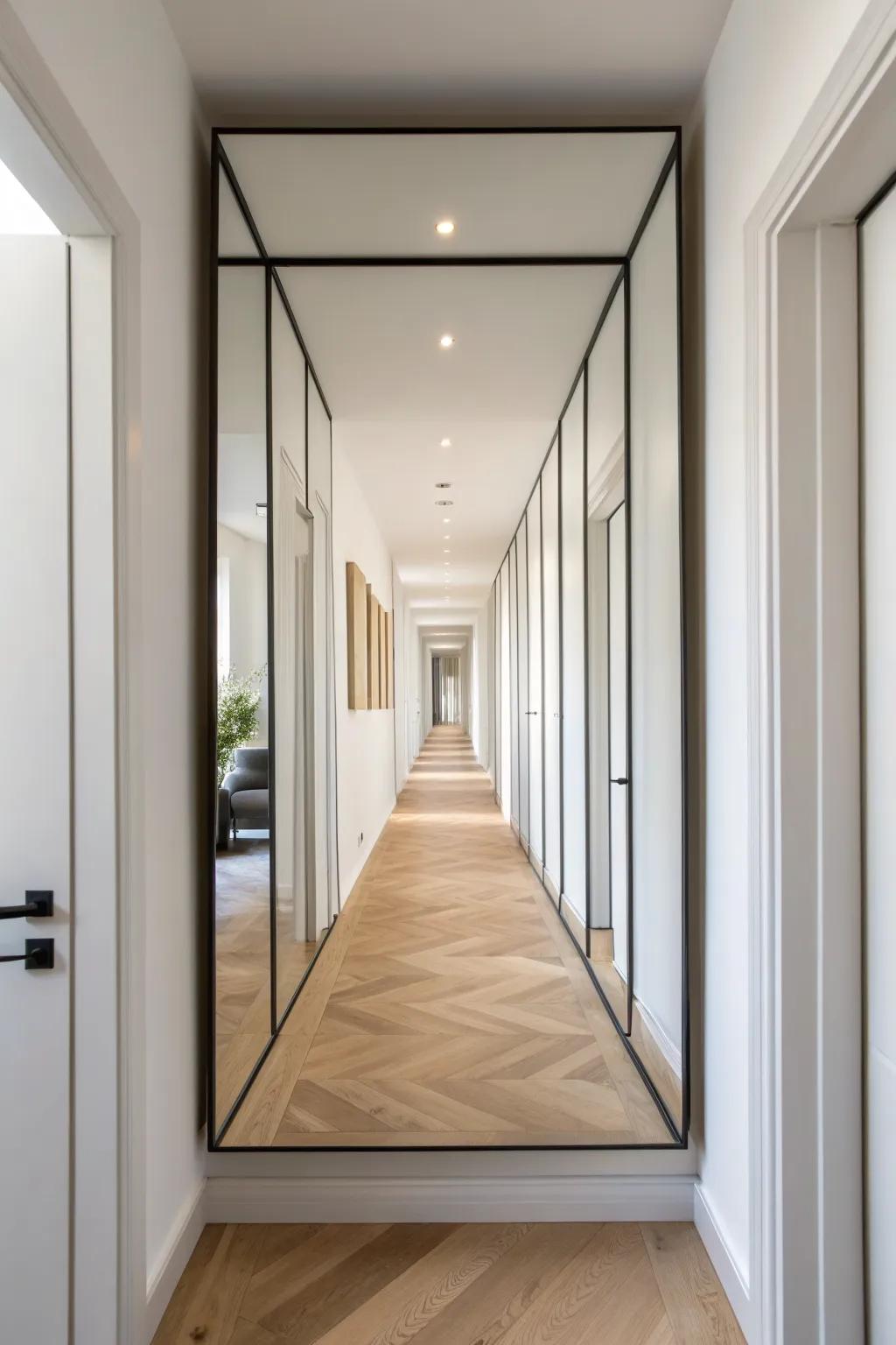 Infinity-style mirror tunnel: floor-to-ceiling reflection that makes a narrow hallway feel endless.