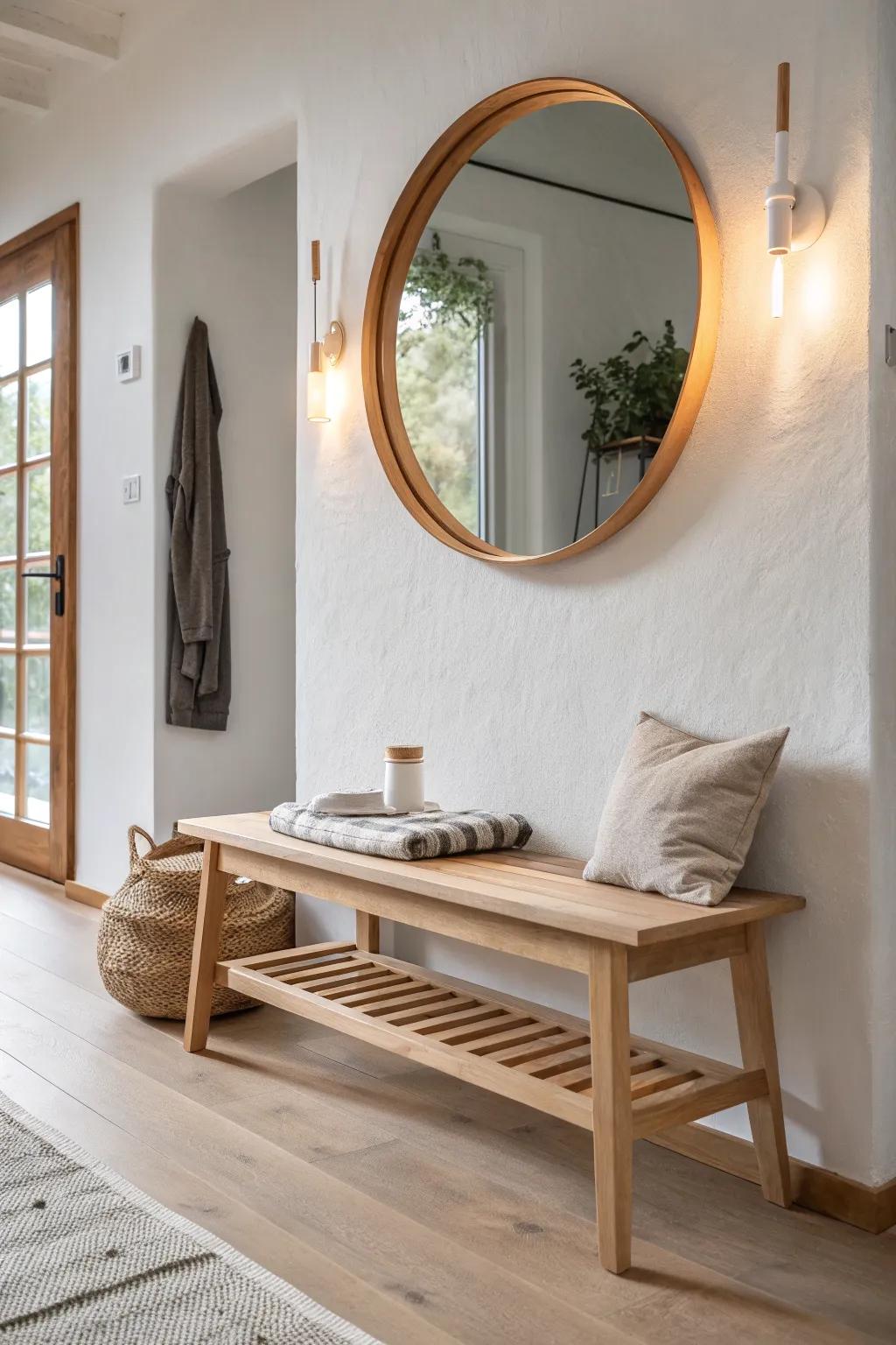 A softly backlit round mirror turns a simple oak bench into a warm, night-ready entryway.