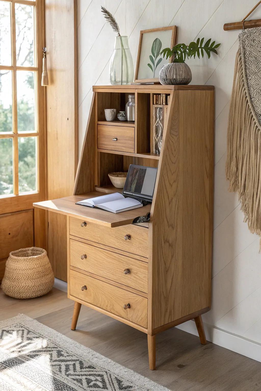A hidden fold-down desk cabinet—tiny entryway office that vanishes into minimalist calm.