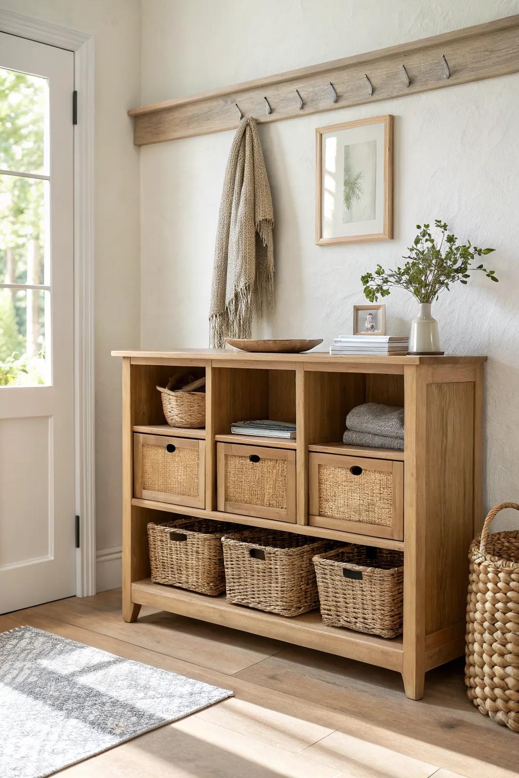 Open-cubby entryway chest with woven baskets—tidy grab-and-go storage for shoes and extras.