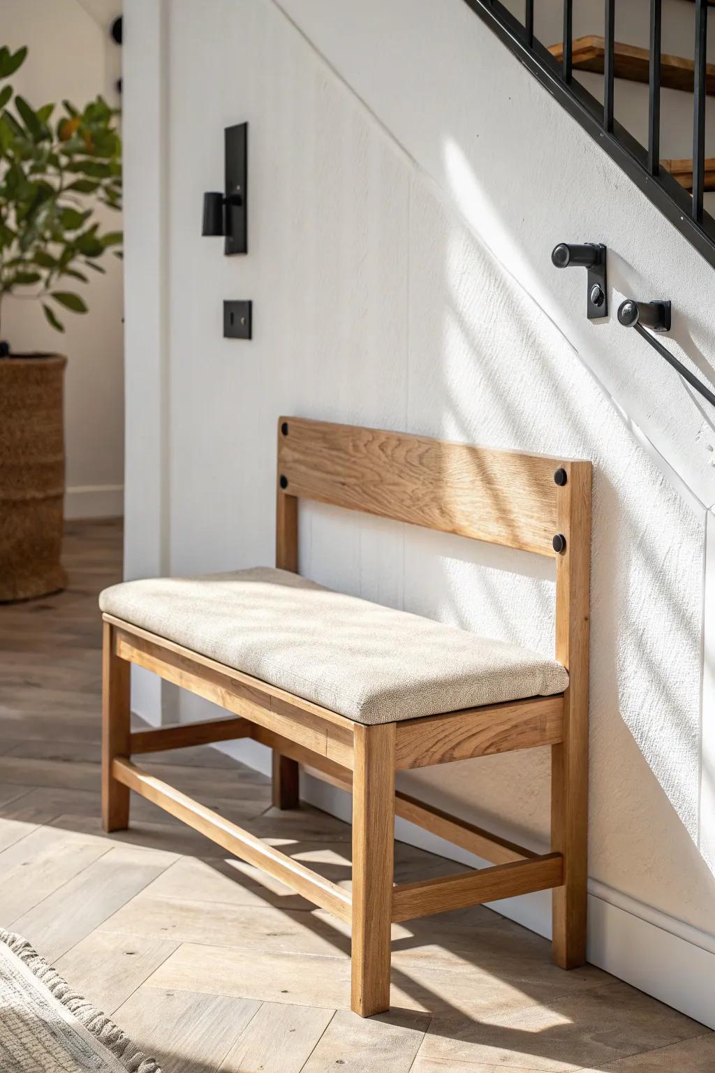 A fold-down oak bench adds a sit-down spot in the tiniest entryway—then tucks away.