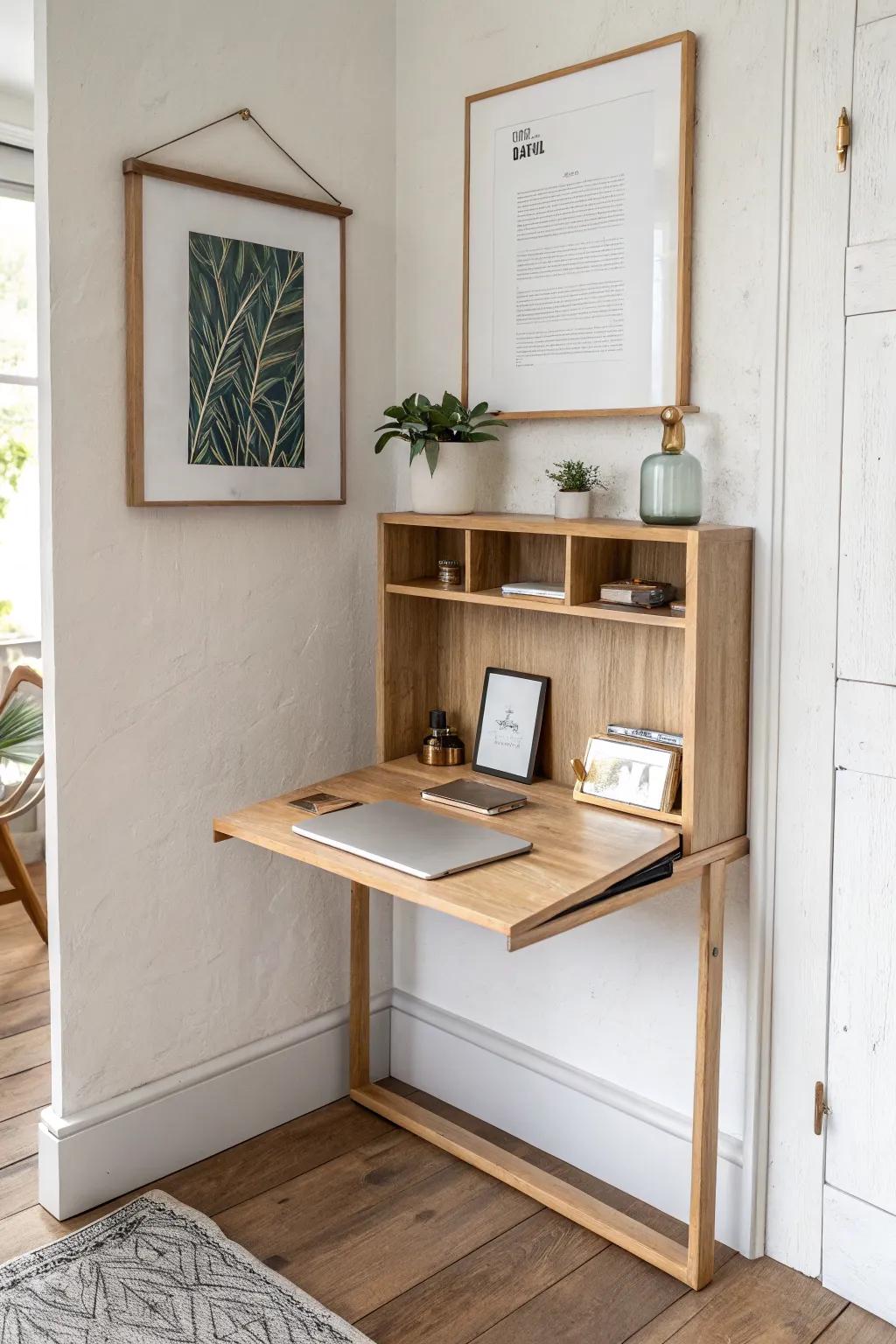 Wall decor that flips down into a slim entryway desk—minimal oak, boho texture, big surprise.