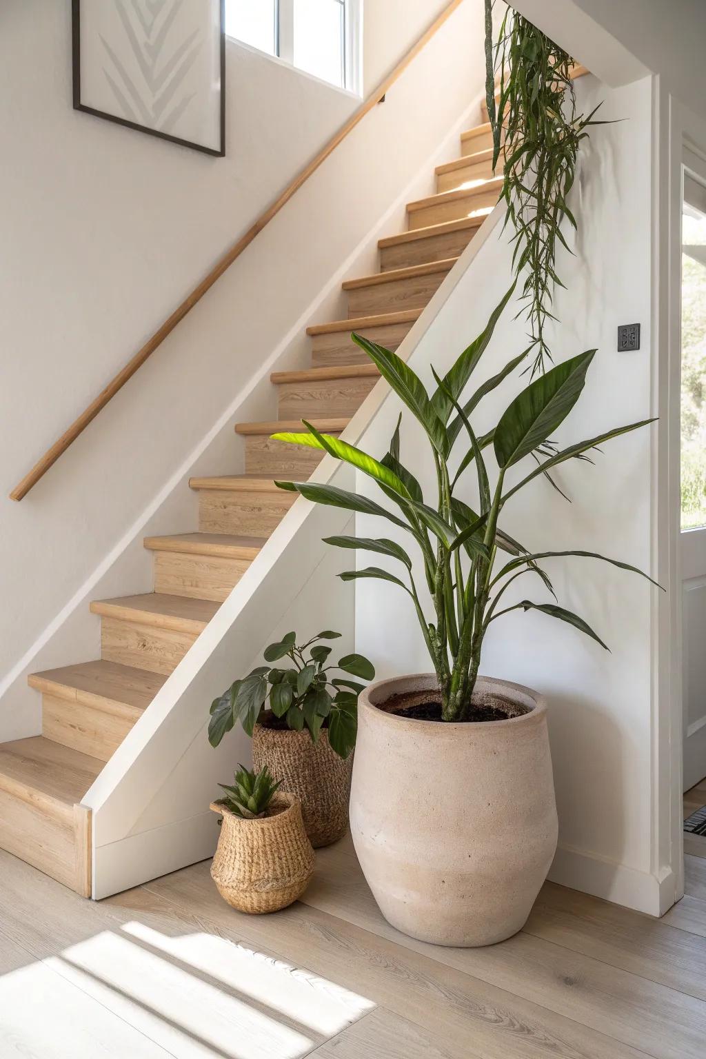 Turn the awkward under-stairs corner into a calm entryway moment with one statement plant.