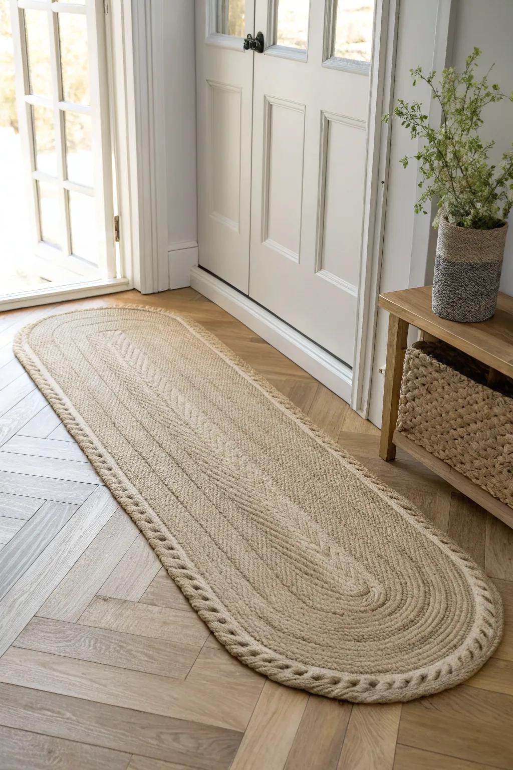 Curved oval runner in natural fibers—soft lines that make a small entryway feel designed.
