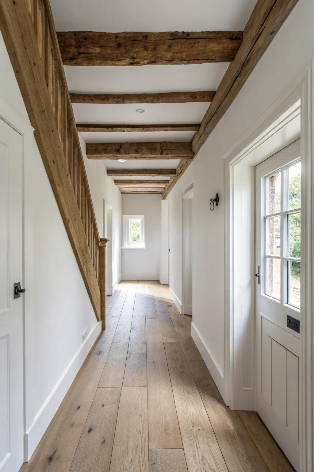One faux ceiling beam adds instant farmhouse charm and cozy drama to a small hallway.