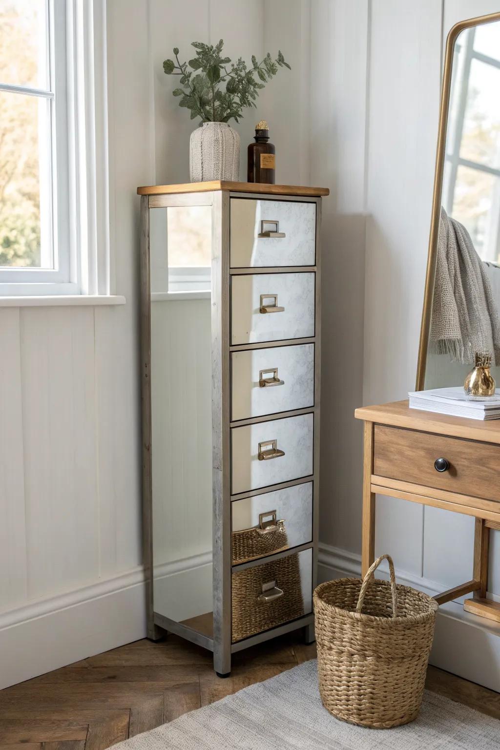 Mirrored drawer fronts make a file cabinet vanish—bouncing light to open up tiny rooms.