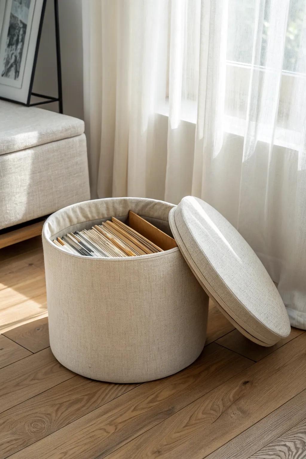 A calm living room secret: store important files inside a chic lidded ottoman.