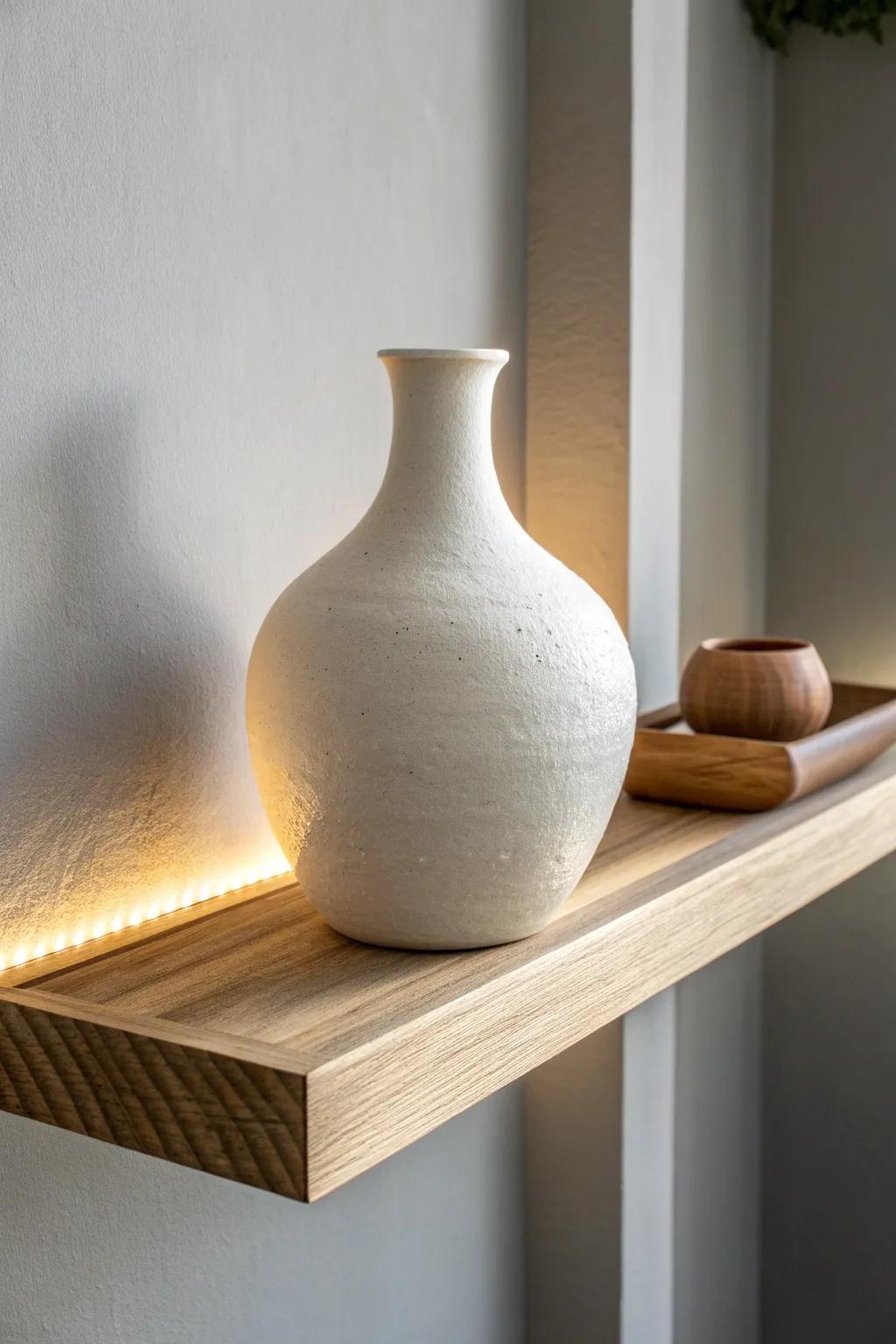 Turn one handmade vase into art—backlit floating shelves create a dreamy shadow gallery.