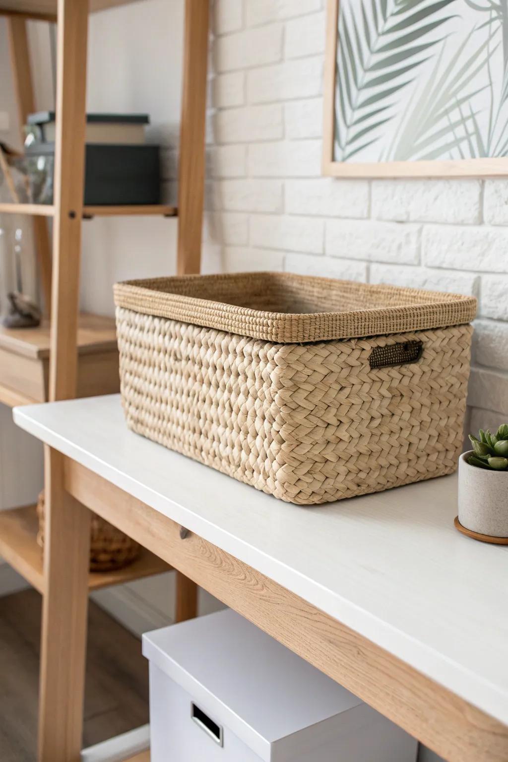 Ultra-deep floating shelf hides a woven bin above the desk—airy storage for tiny spaces.