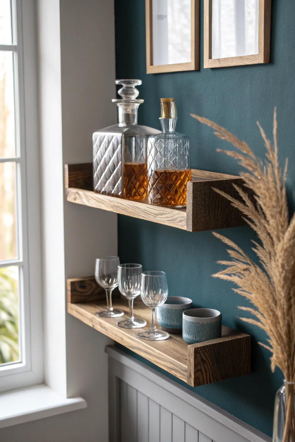 Paint the wall deep and moody—your floating shelf bar instantly looks curated and luxe.