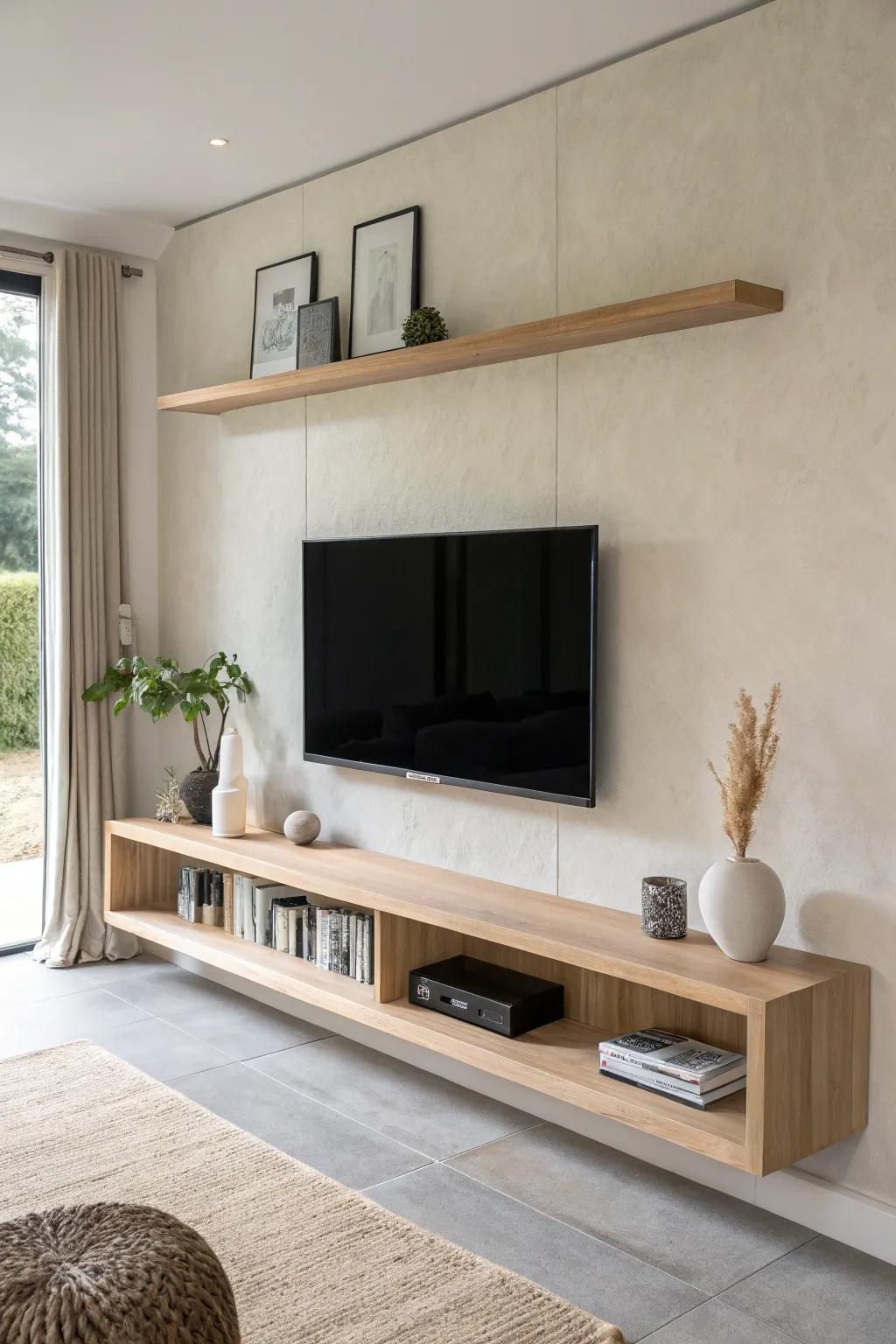 A slim oak “halo” shelf frames the TV with an airy gap—custom look, zero bulk.