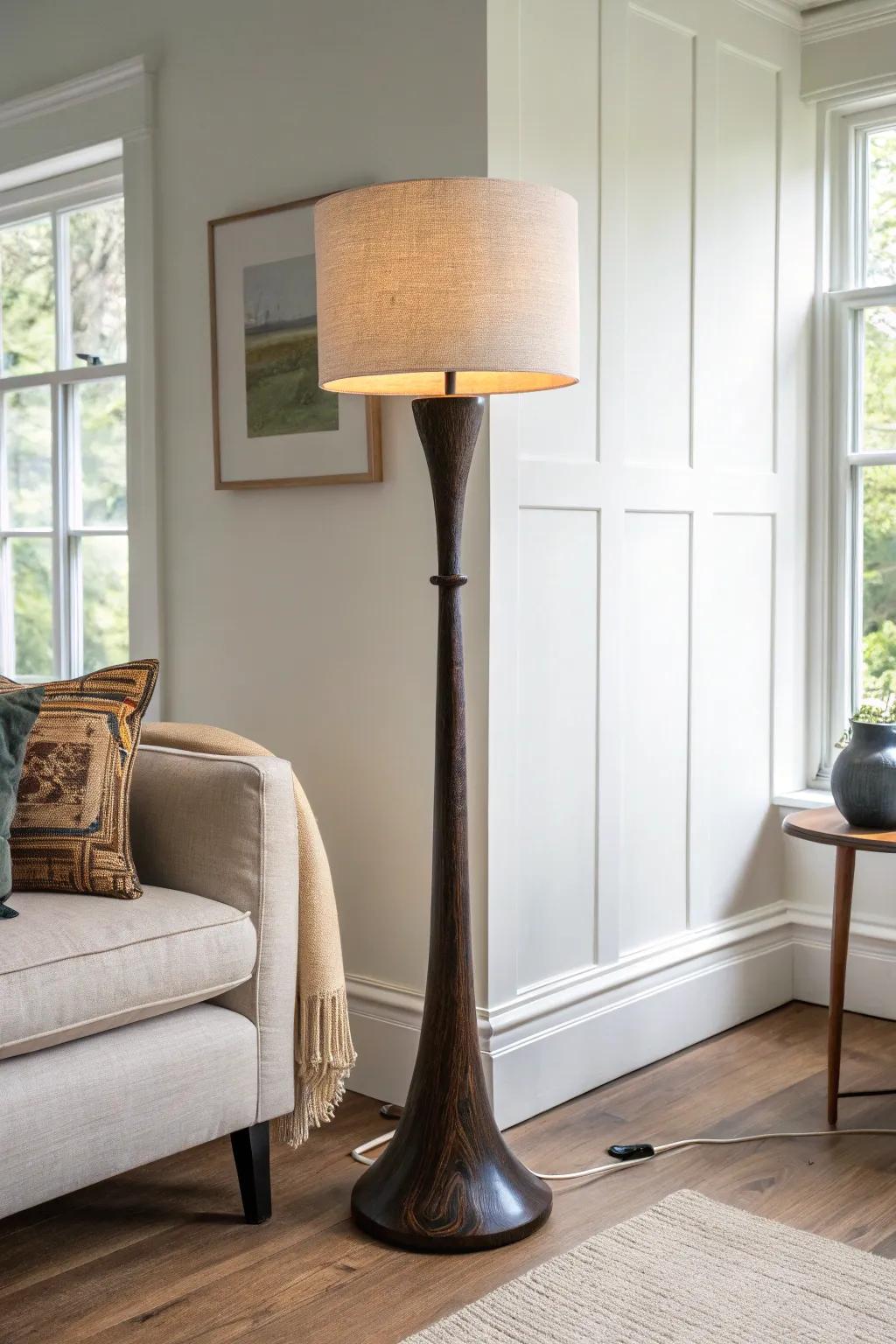 A sculptural floor lamp doubles as art—perfect for small living rooms with no wall space.