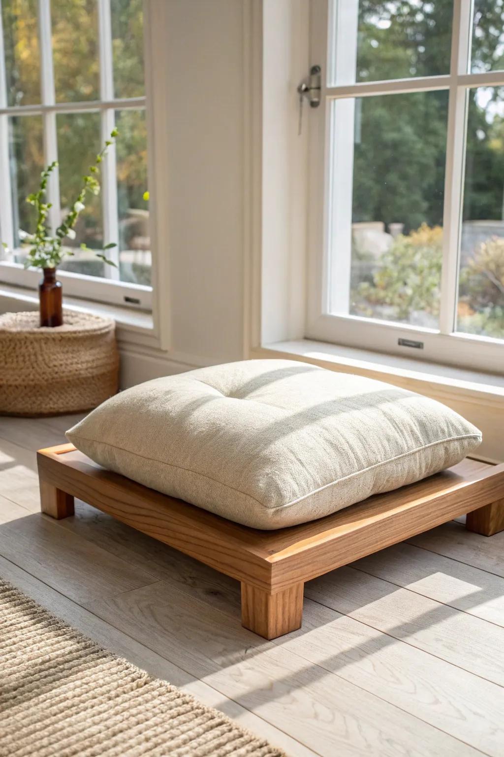 A raised platform turns floor seating into a built-in nook—minimal, cozy, and sunlit.