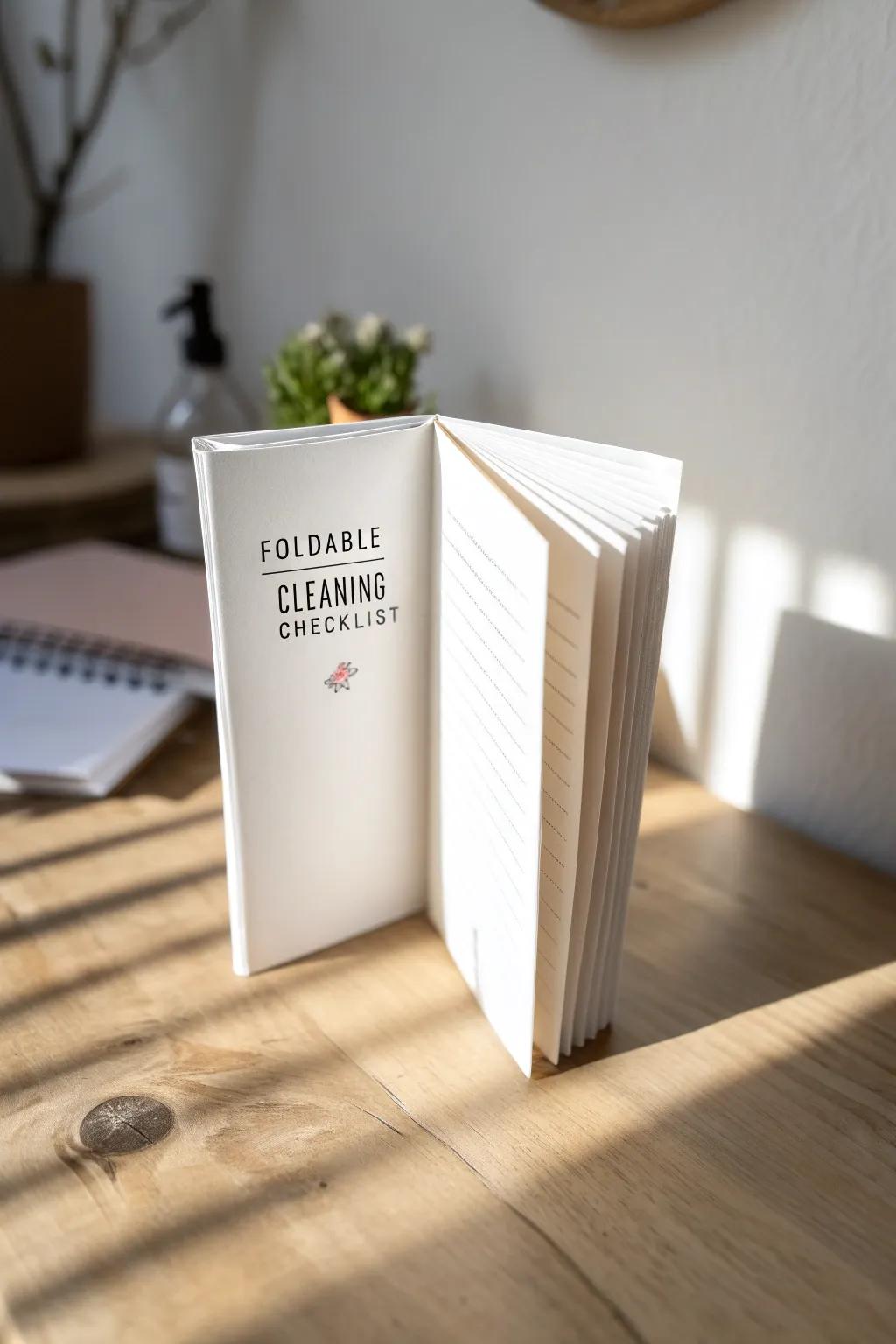 A foldable cleaning checklist flip-book—tiny flaps to flip for that satisfying “done” moment.