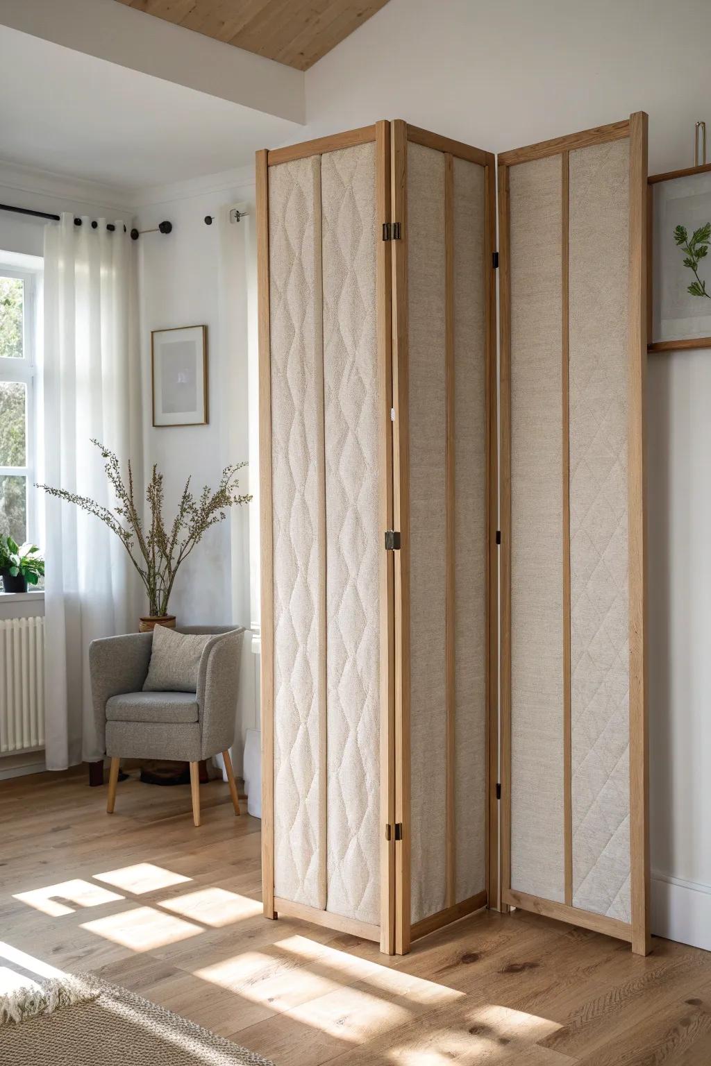 A linen-wrapped folding door that softens sound and adds cozy, minimalist texture.