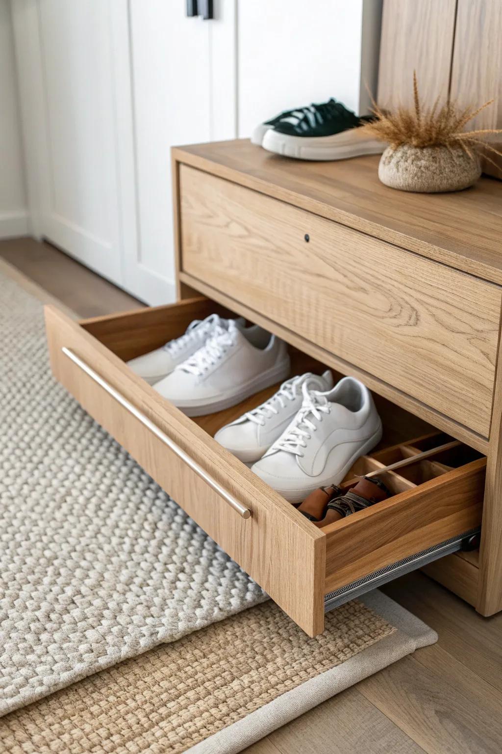 A hidden under-rug drawer keeps daily shoes tucked away—perfect for tiny, wall-free entries.