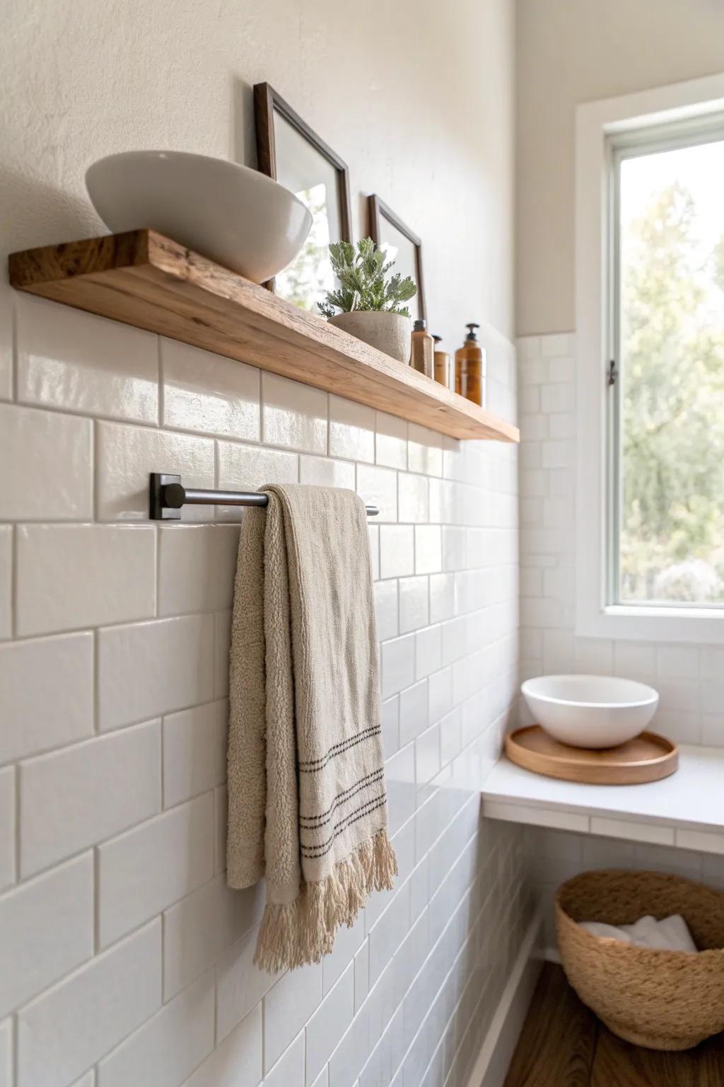 Warm up a narrow galley bath with a simple oak shelf—minimal, cozy, and bright.