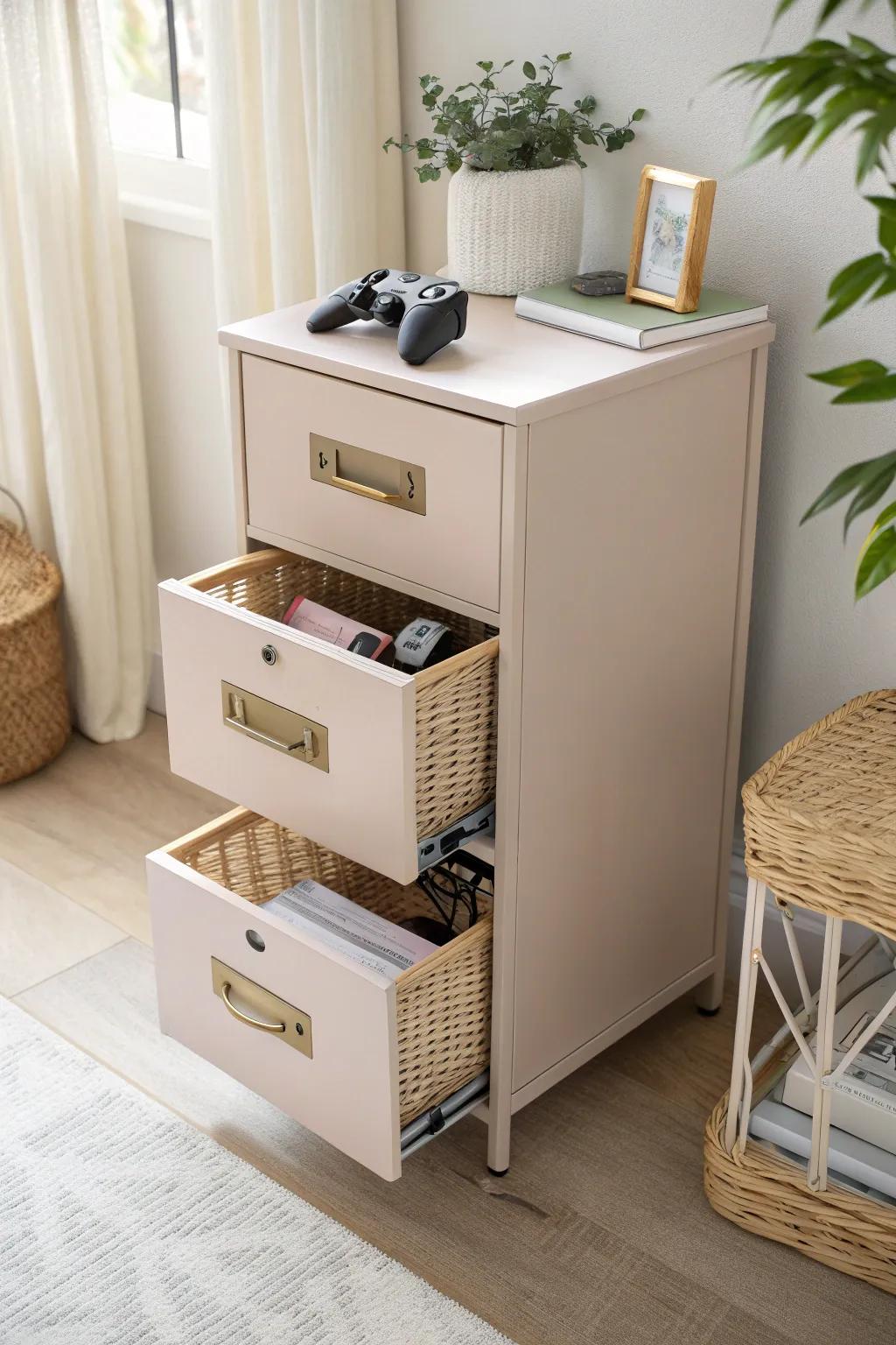 A petite file cabinet turns into sleek console storage—controllers sorted, clutter hidden.