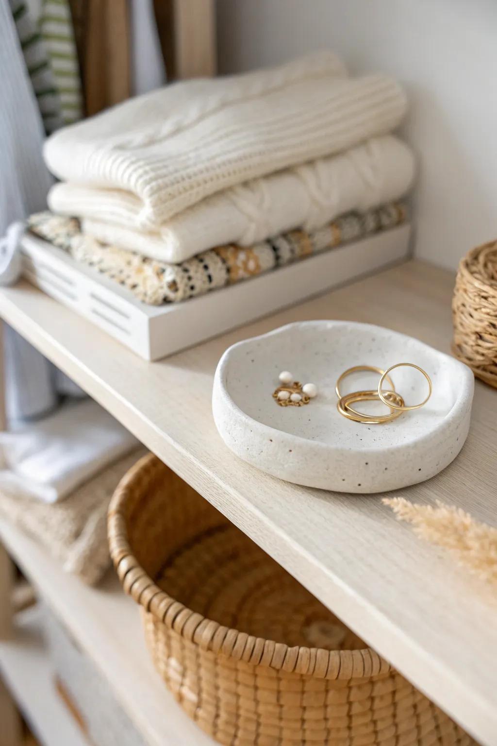 Create a boutique closet shelf: one special piece in focus, plus soft knits and woven texture.