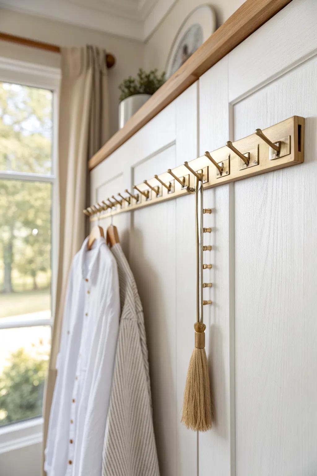 Brushed-brass magnetic strip keeps bobby pins visible, tidy, and easy to grab inside the closet.
