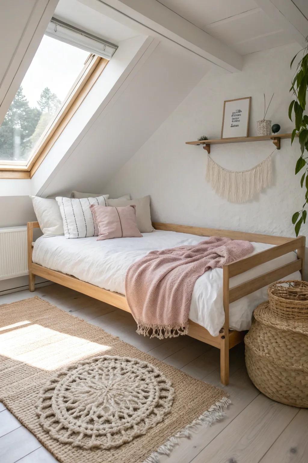 A simple diagonal bed placement can turn awkward angles into a calm, airy shared space.