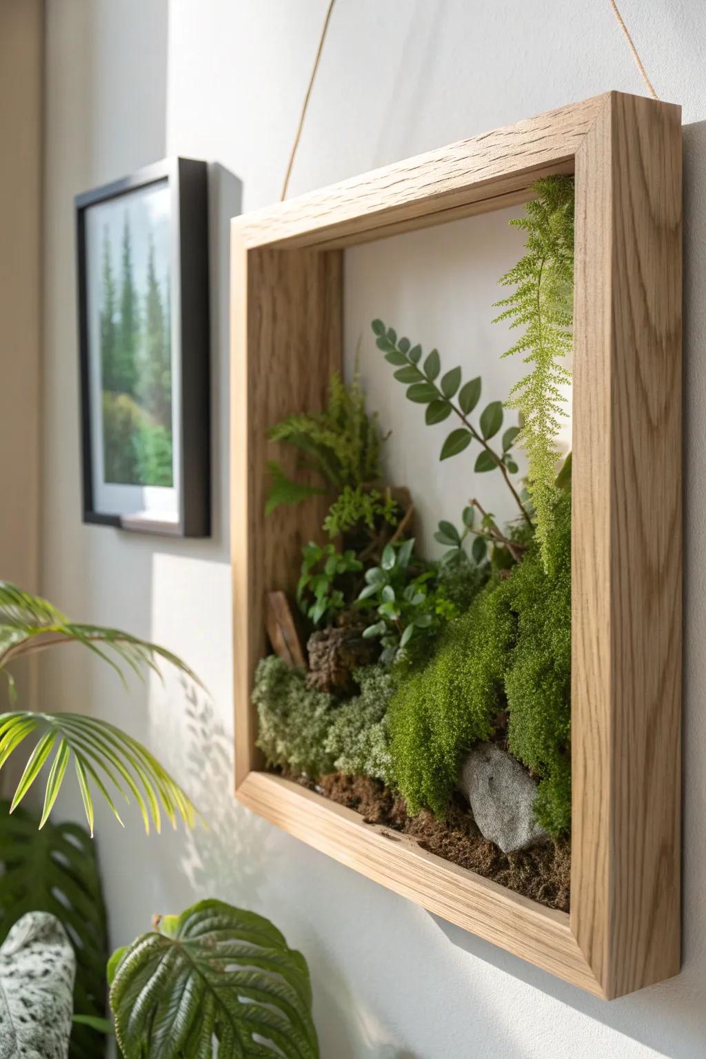 Shadowbox terrarium green wall—museum-like greenery with Scandinavian calm and boho warmth.