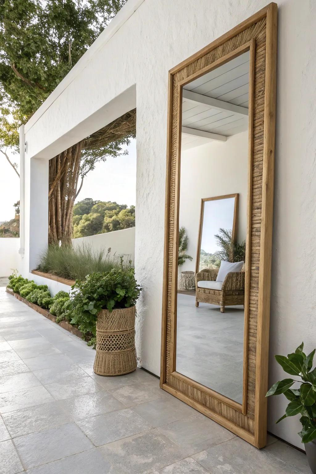 An outdoor mirror instantly doubles patio light and space—minimal, cozy, and so chic.