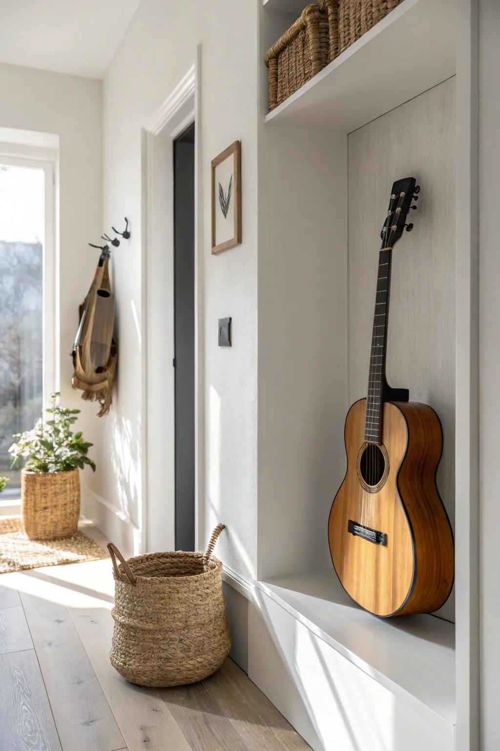 Make a recessed hallway nook shine with a single guitar display—pretty, practical, space-smart.