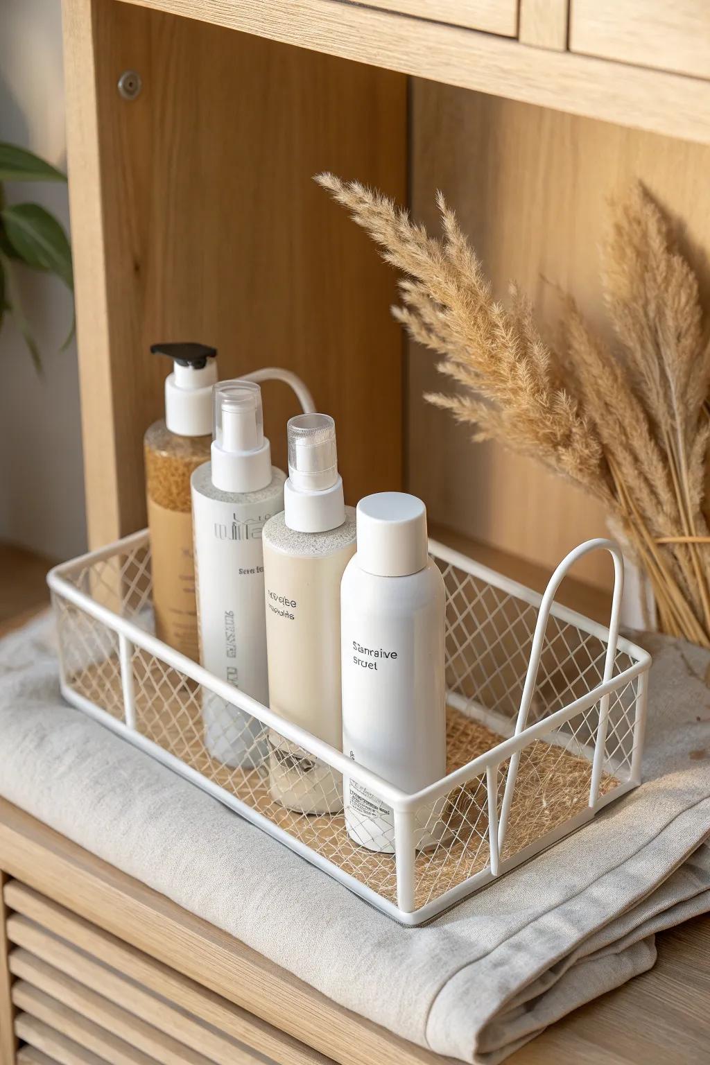 A chic file holder hack that keeps tall hairspray bottles upright—perfect for tiny cabinets.