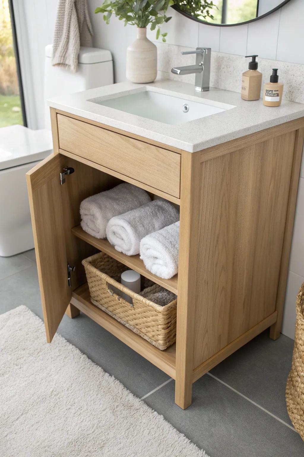 Tiny half bath, big wow: a hidden toe-kick drawer for towels and guest essentials.