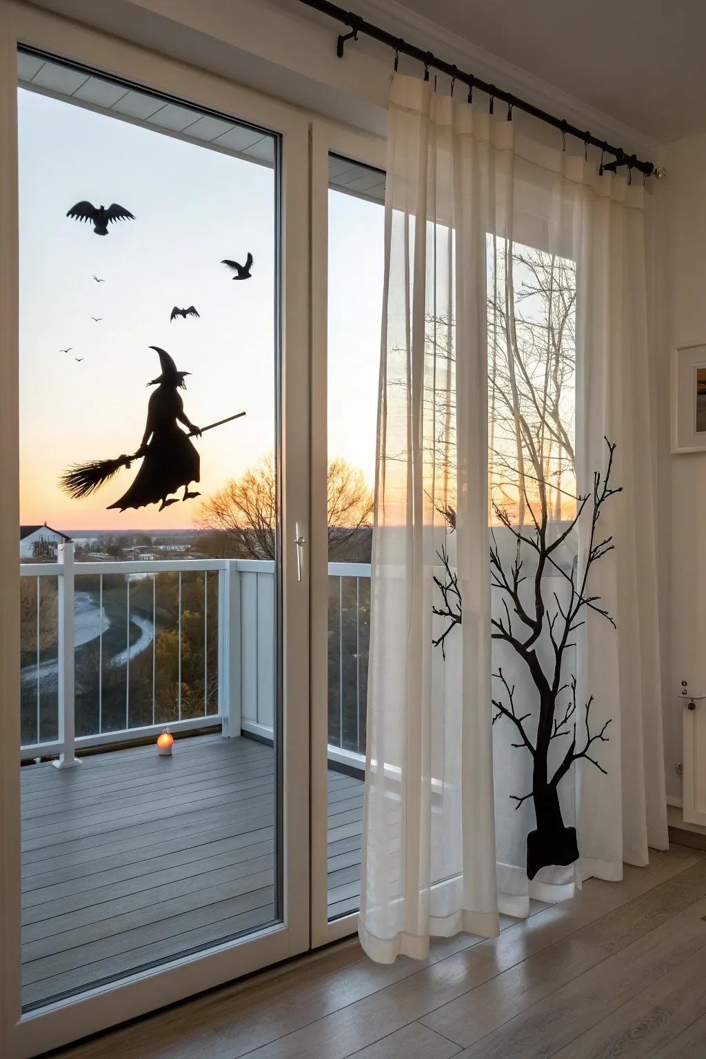 Spooky silhouettes on the balcony door—zero floor space, maximum Halloween glow.