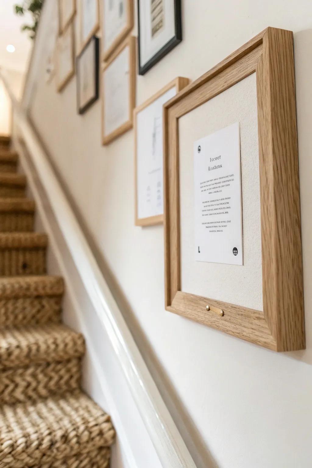 Tiny labels make stair photos feel museum-curated—an easy, chic upgrade for small spaces.