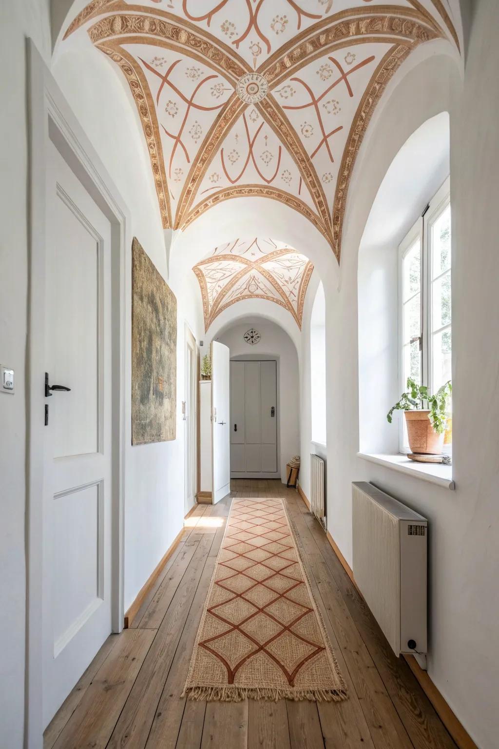 Paint a simple ceiling pattern—instant hallway wow with zero lost floor space.