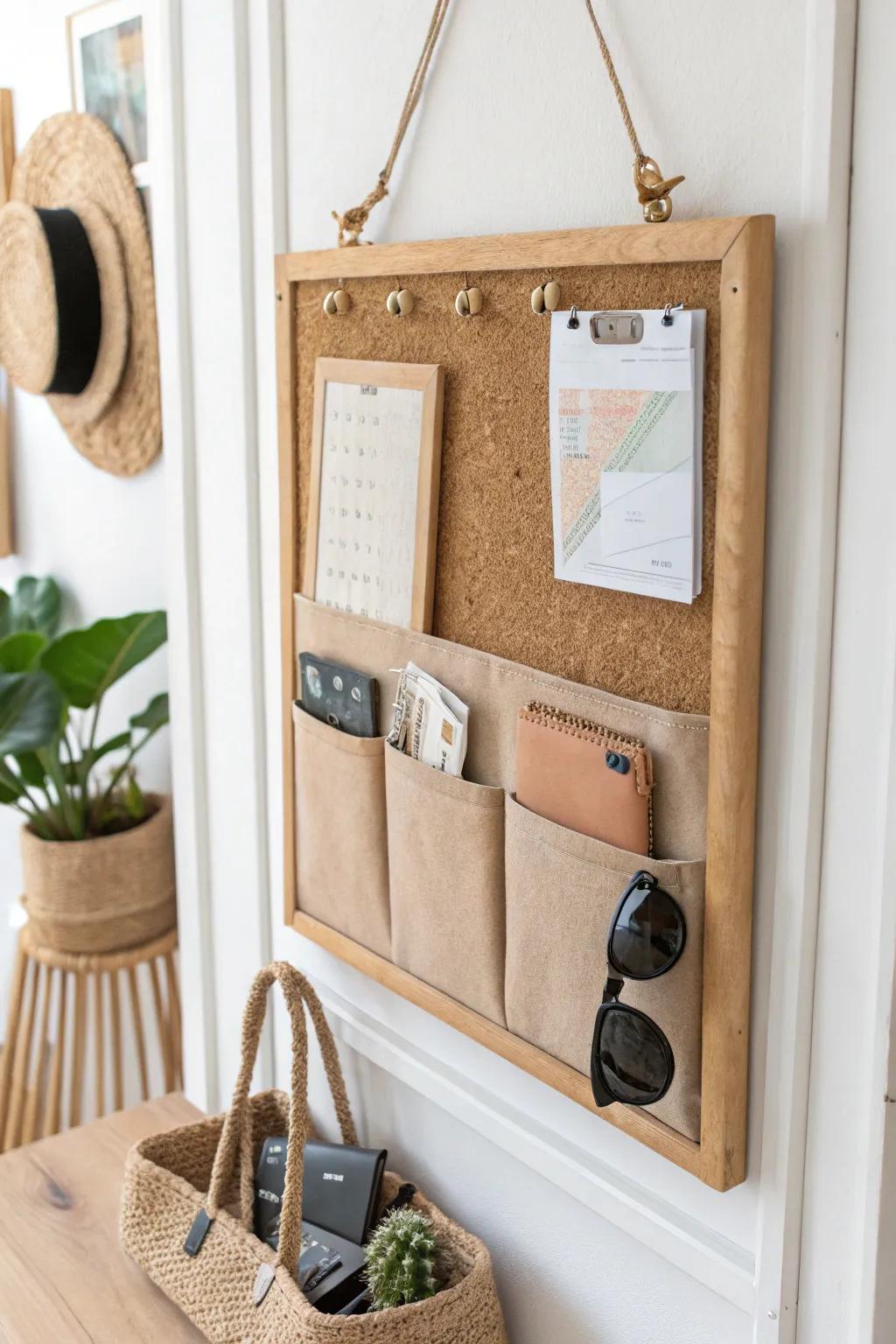 Pocketed hallway bulletin board: a chic grab-and-go hub for sunglasses, dog bags & cards.