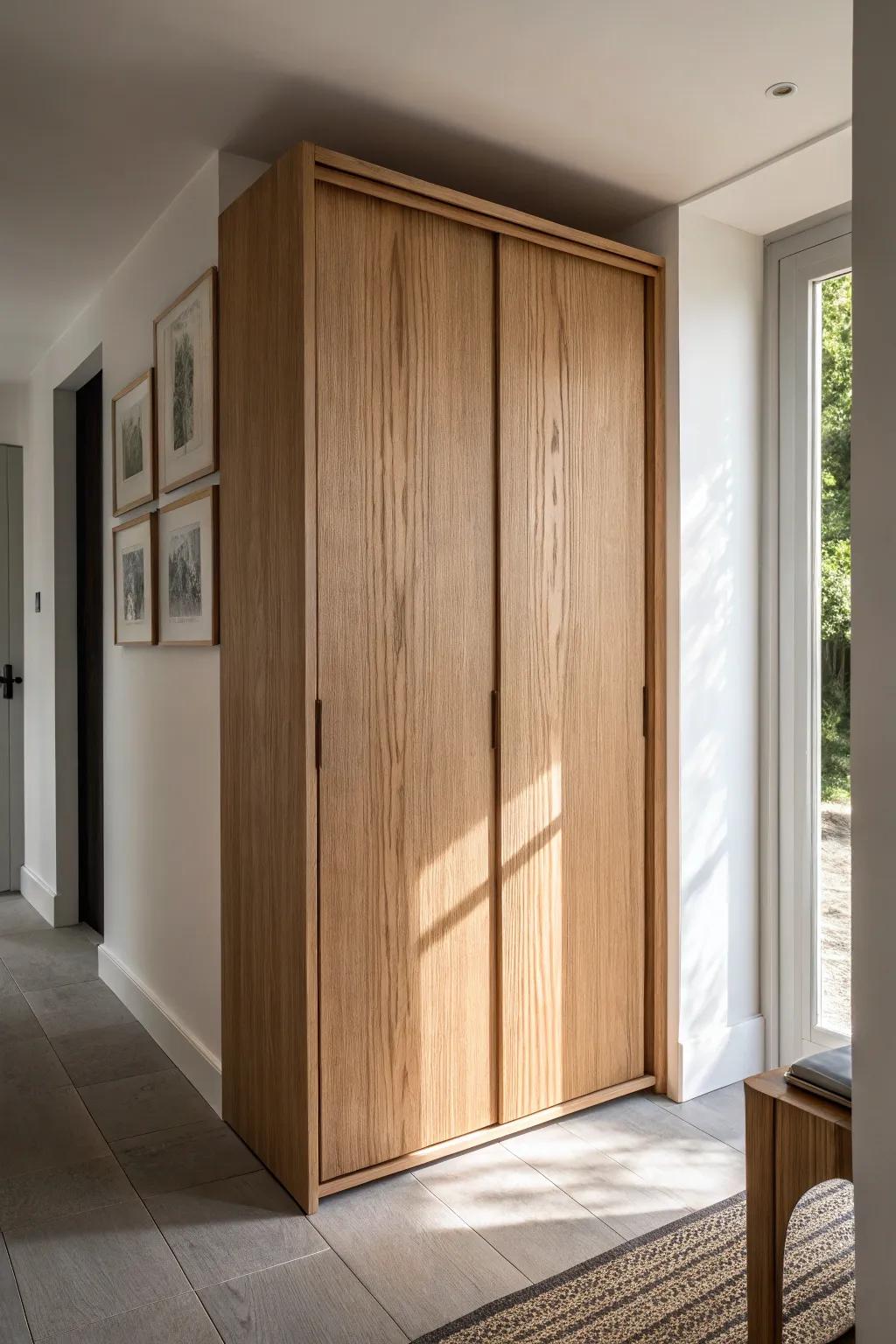 Hidden hallway storage that looks like wall art—push-to-open paneling in warm oak.