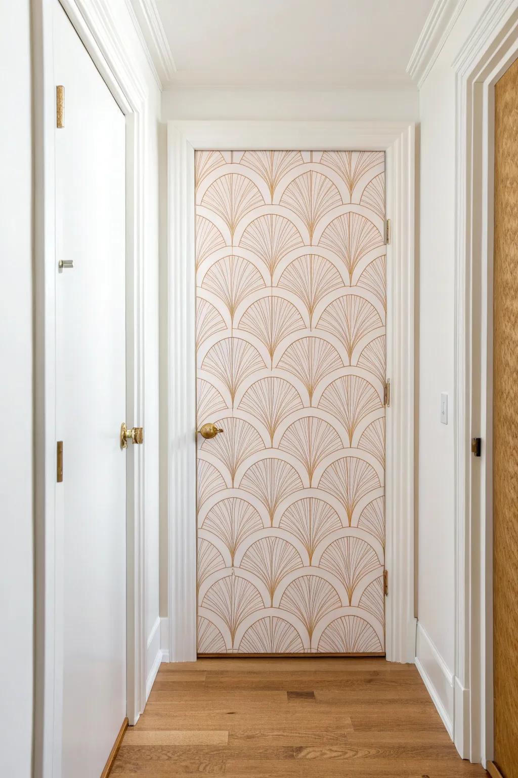Peel-and-stick wallpaper turns a plain hallway closet door into a chic, renter-friendly focal point.