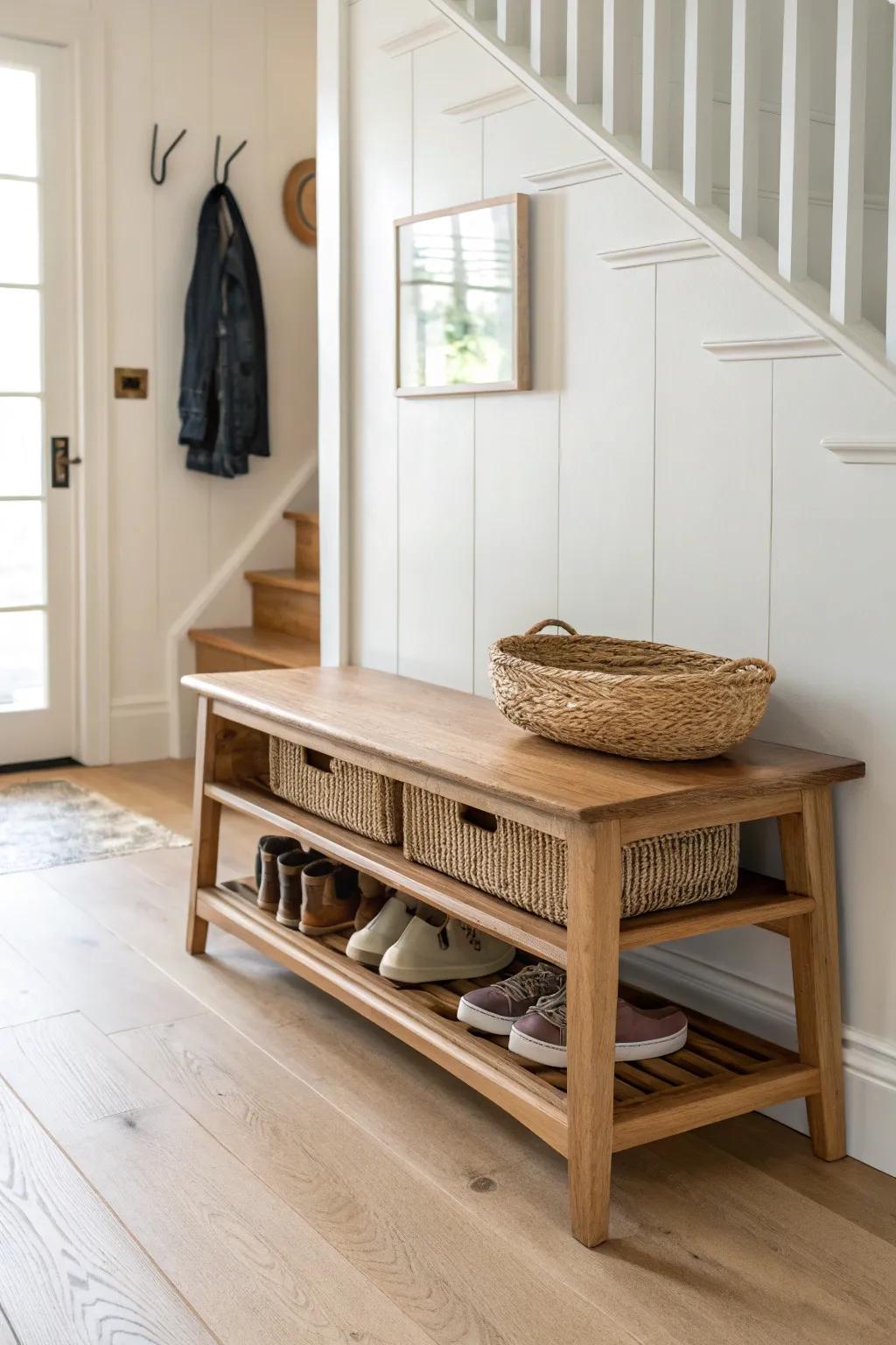 Turn a deep hallway closet into a micro mudroom with a slim bench and shoe cubbies.