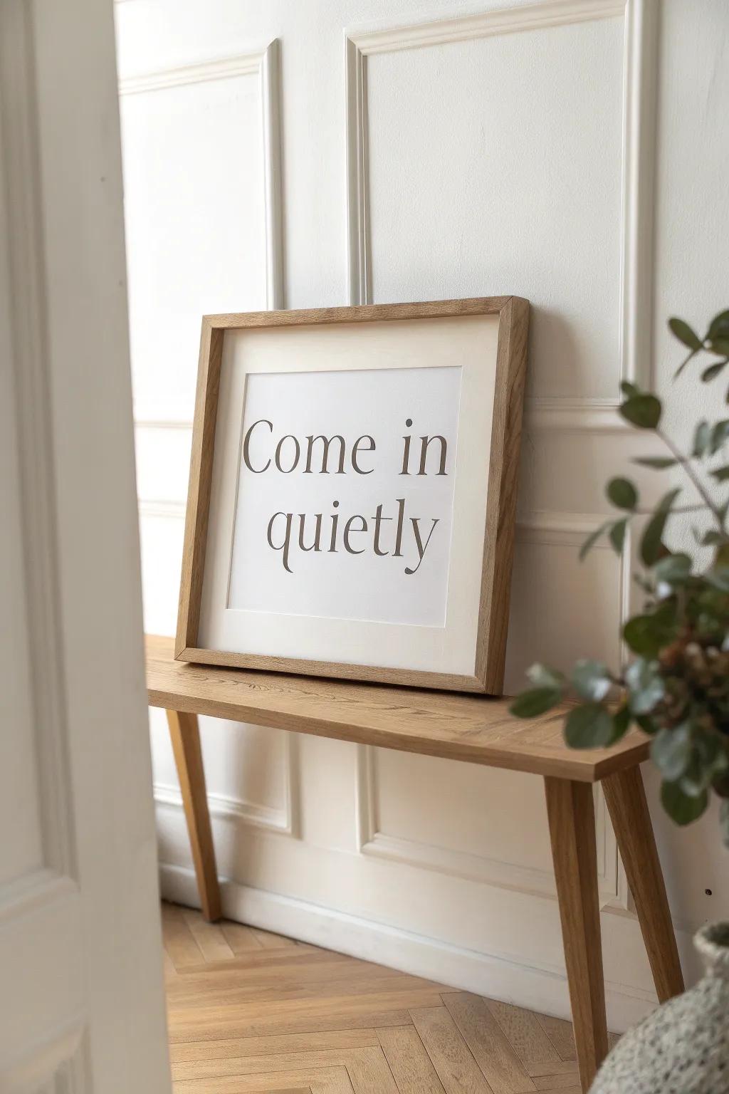 A quiet typography print by the door adds a personal mood—your secret message in the hallway.