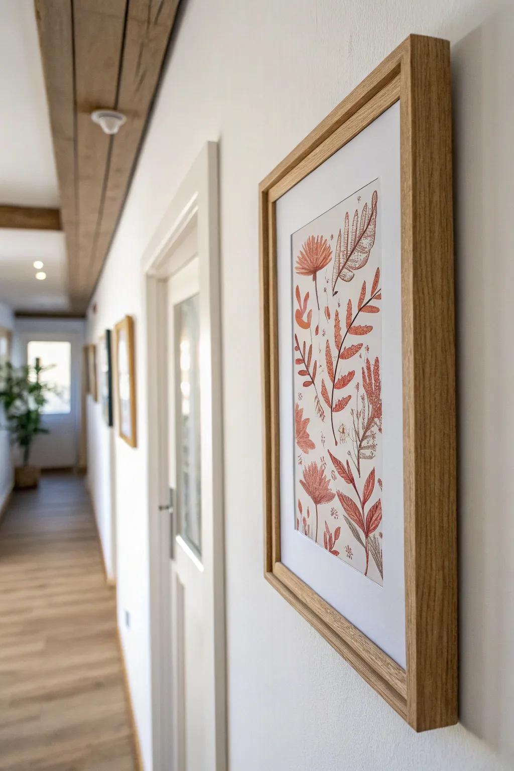 Tiny frames, big impact—an airy gallery wall look that keeps a skinny hallway feeling open.