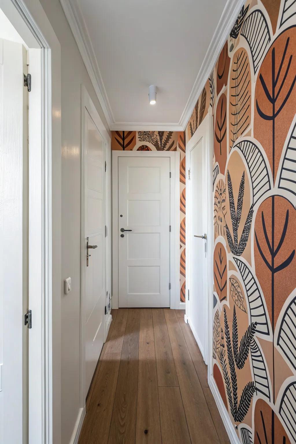 A seamless mural that hides a utility door—calm, custom, and perfect for small hallways.
