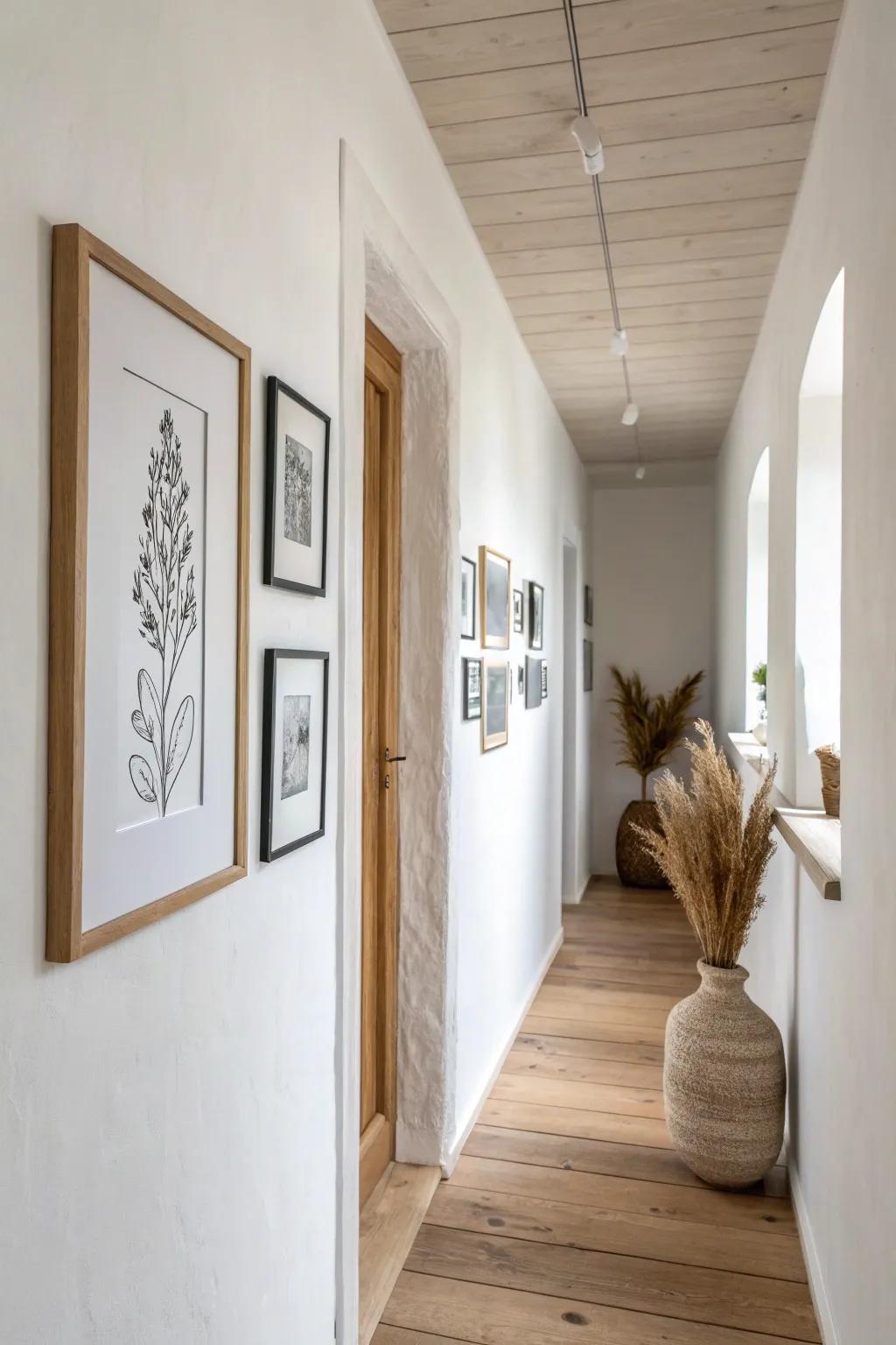 A tiny oak frame with plenty of blank wall—perfect charm for the narrowest hallway.