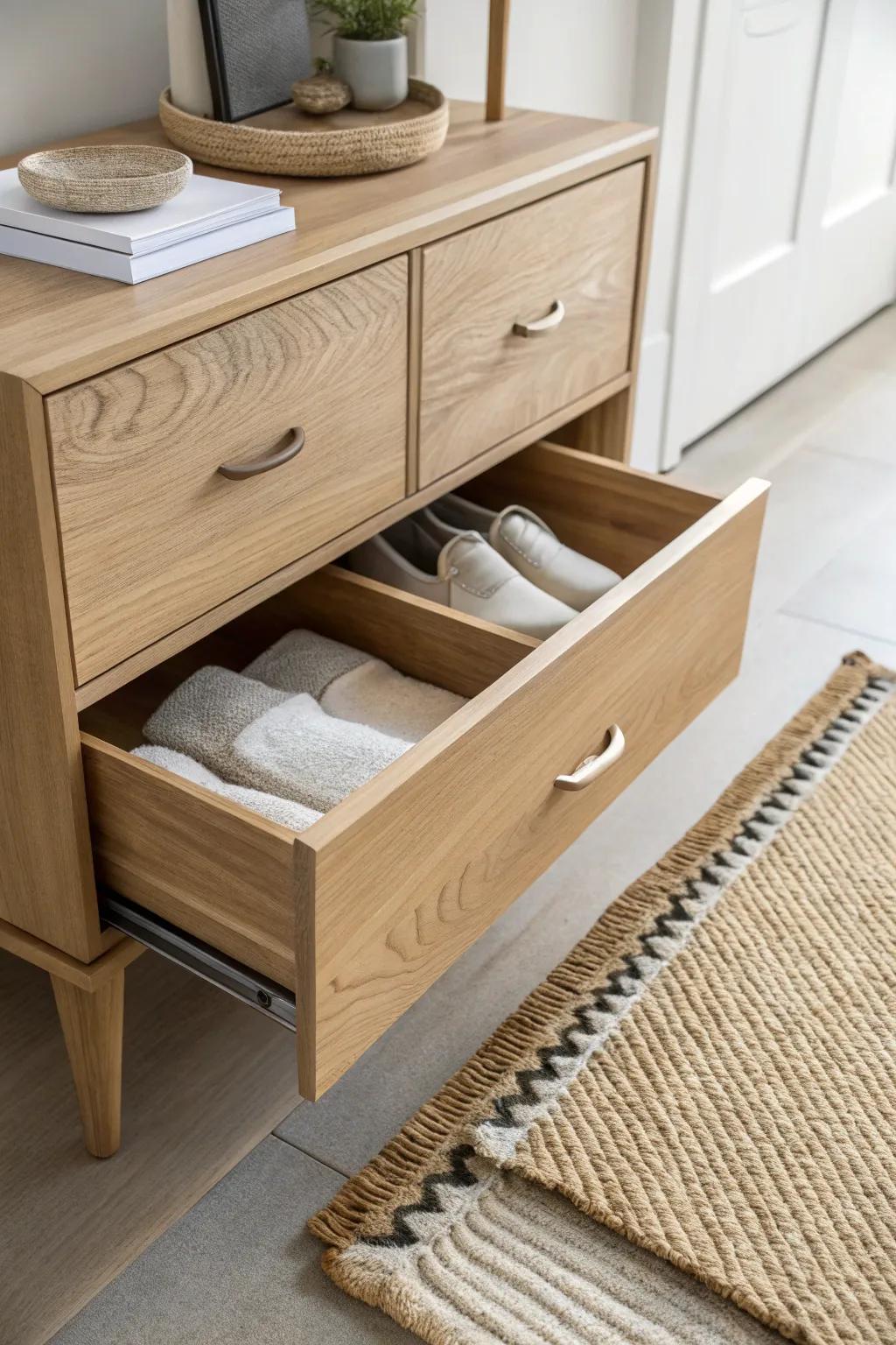 A hidden toe-kick drawer keeps flats and slippers tucked away—secret storage done beautifully.