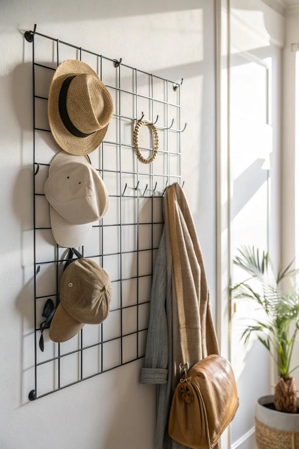 Wire grid wall panel: a sleek, flexible way to display hats without drilling new holes.
