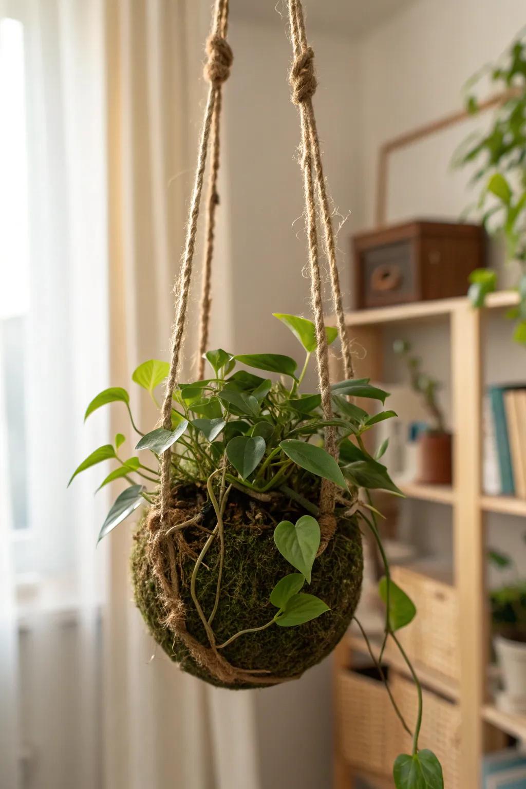 A hanging kokedama moss ball adds sculptural, living beauty—perfect for small-space styling.