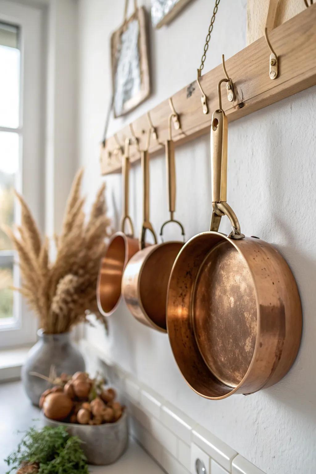 Arrange pots smallest-to-largest on a hanging rack for a calm, balanced wall that feels styled.