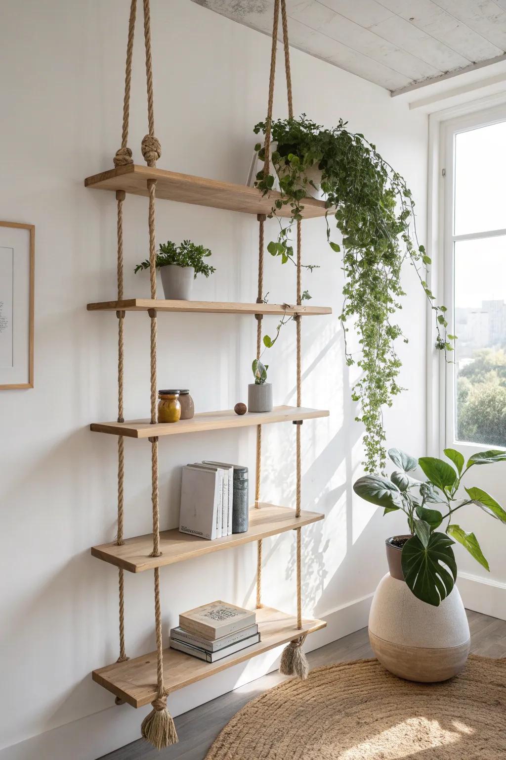 Ceiling-hung shelf divider for a studio: airy zoning with warm oak, plants and books.